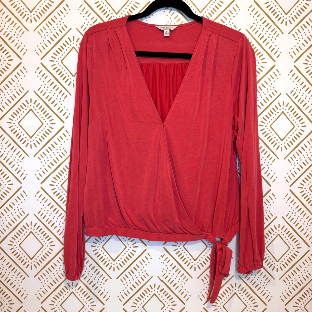 Lucky Brand Faux Wrap Top Size M Coral Soft Flowy Romantic Feminine Spring Boho